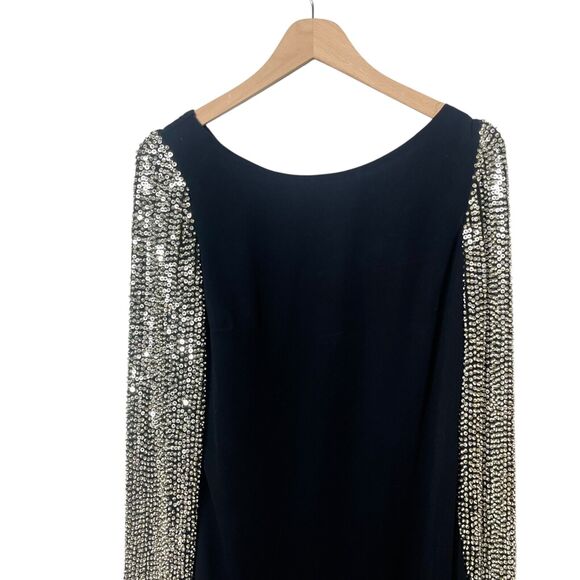 Parker Sequin Sleeve Open Back Cocktail Mini Dress Boat Neck Black Large - Picture 4 of 14